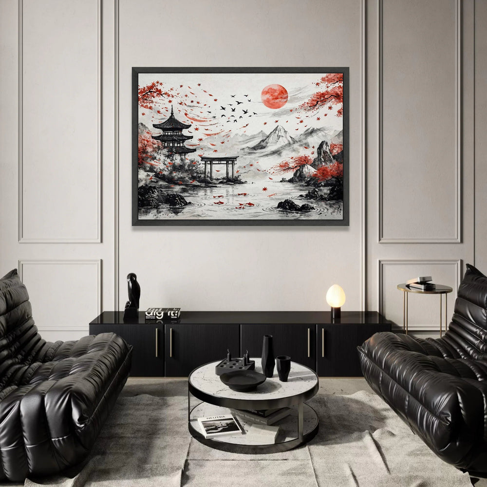 Tranquil Japanese Landscape Canvas, Red Sun and Maple Leaves, Traditional Pagoda Wall Art, Mountain and Koi Fish Scene, Canvas Print Art