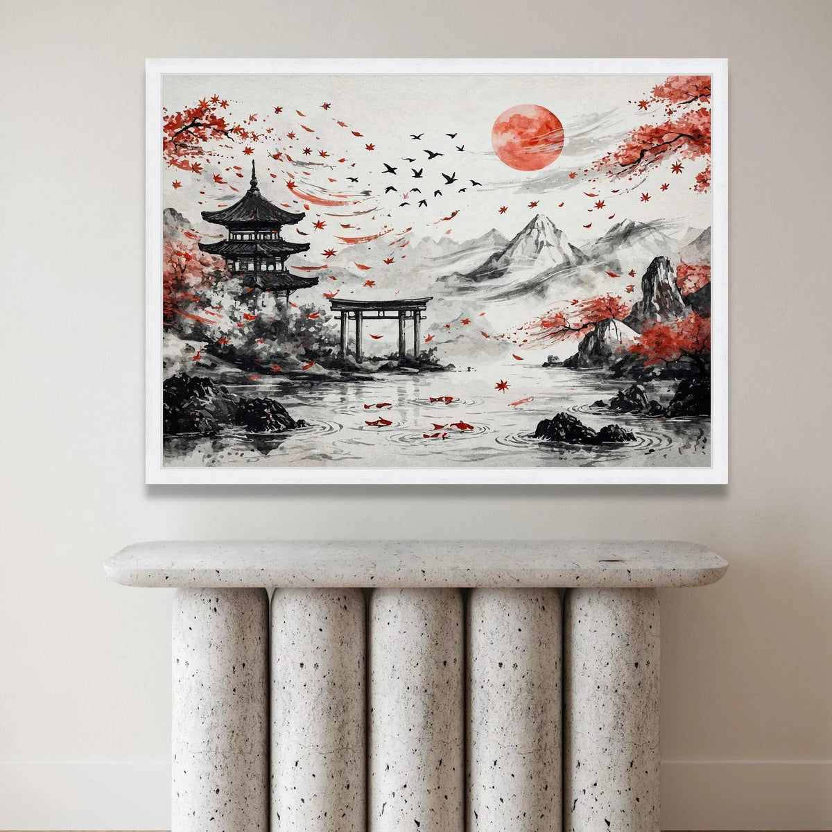 Tranquil Japanese Landscape Canvas, Red Sun and Maple Leaves, Traditional Pagoda Wall Art, Mountain and Koi Fish Scene, Canvas Print Art