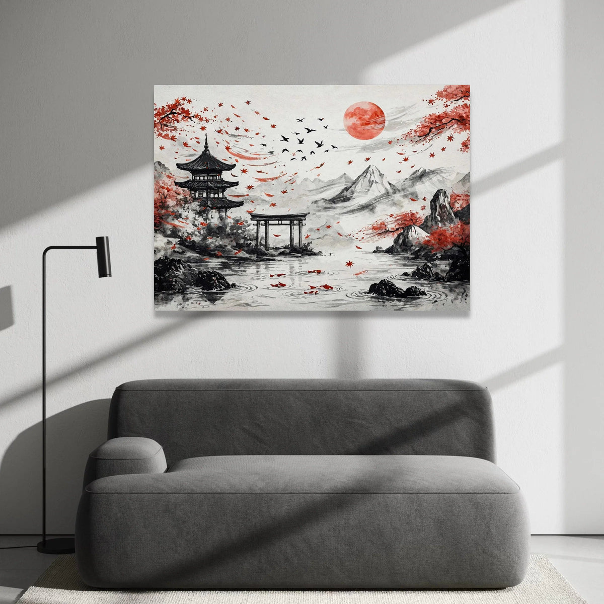 Tranquil Japanese Landscape Canvas, Red Sun and Maple Leaves, Traditional Pagoda Wall Art, Mountain and Koi Fish Scene, Canvas Print Art