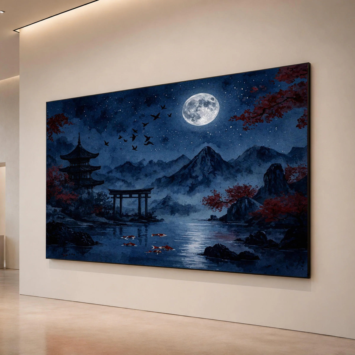 Tranquil Japanese Night Scene Canvas, Full Moon Over Mountains, Koi Fish Pond Art, Asian Pagoda Landscape, Serene Wall Canvas Print Art