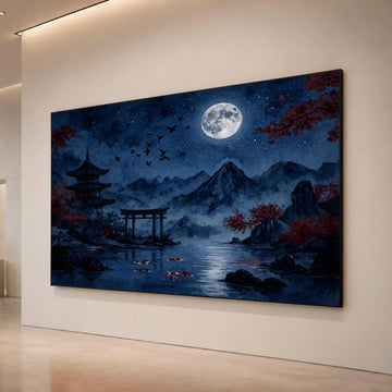 Tranquil Japanese Night Scene Canvas, Full Moon Over Mountains, Koi Fish Pond Art, Asian Pagoda Landscape, Serene Wall Canvas Print Art