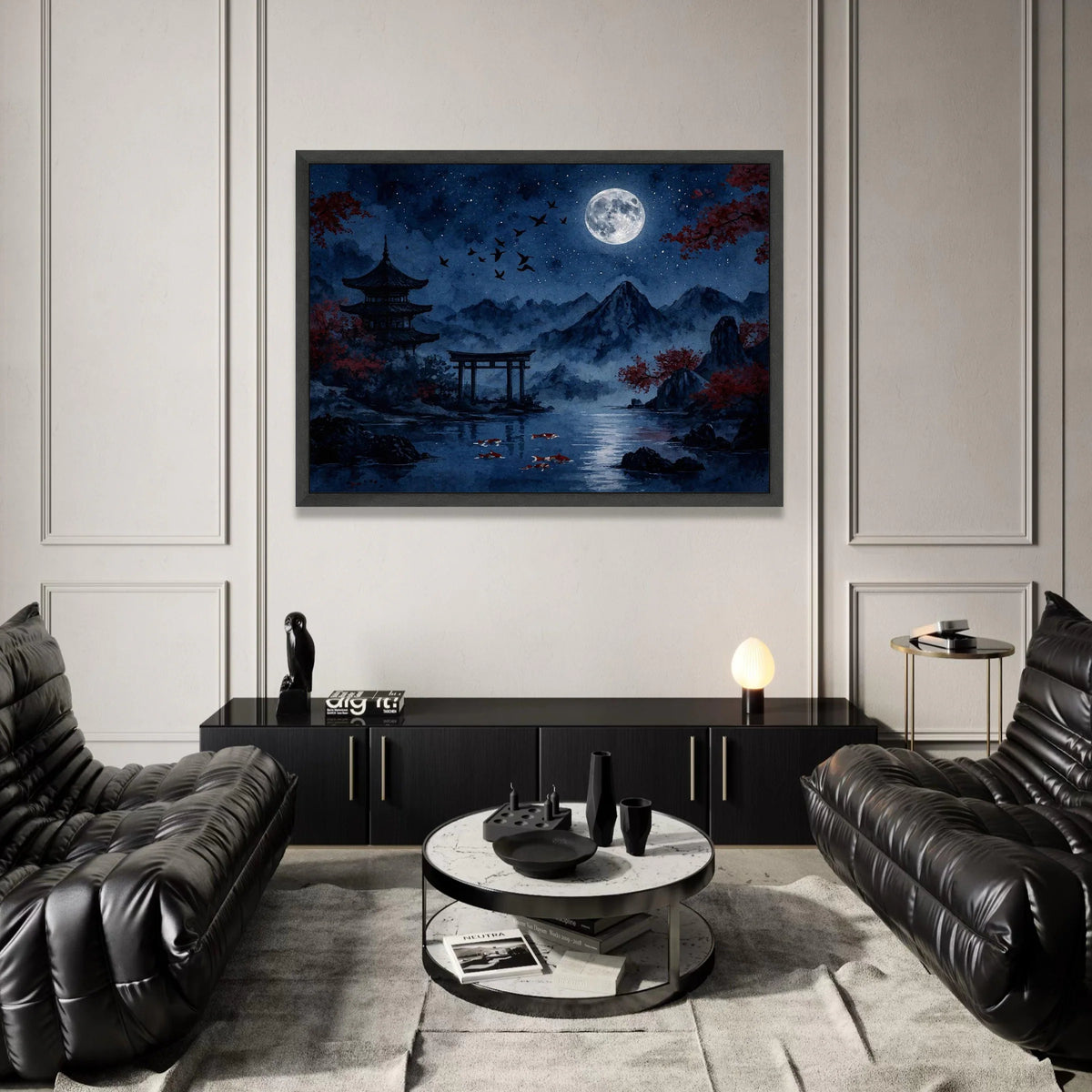 Tranquil Japanese Night Scene Canvas, Full Moon Over Mountains, Koi Fish Pond Art, Asian Pagoda Landscape, Serene Wall Canvas Print Art