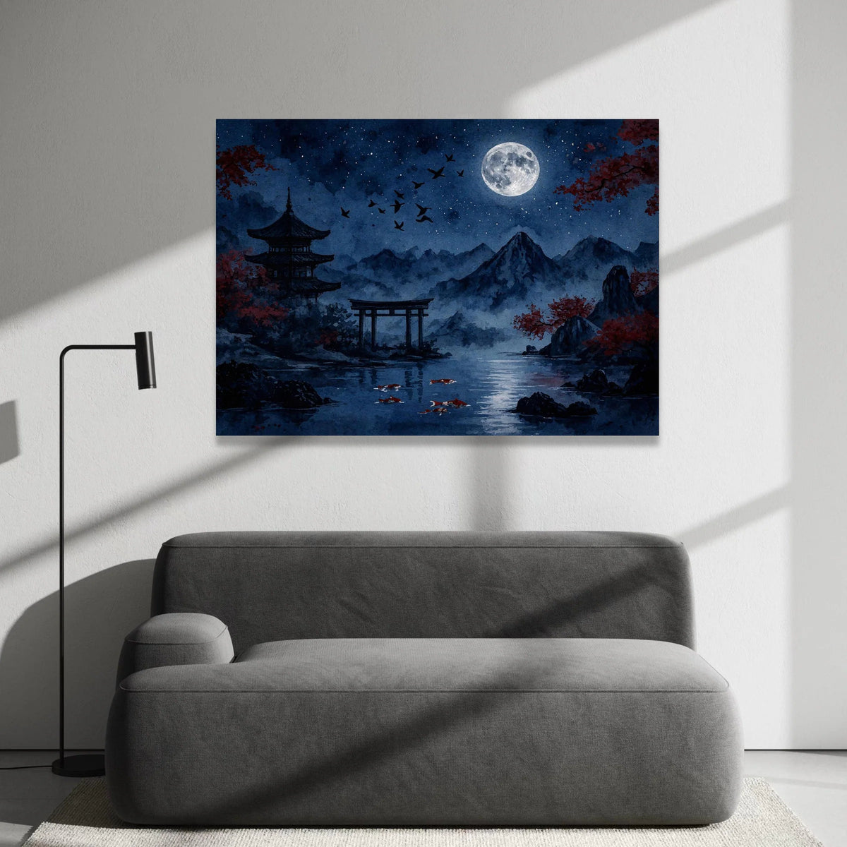Tranquil Japanese Night Scene Canvas, Full Moon Over Mountains, Koi Fish Pond Art, Asian Pagoda Landscape, Serene Wall Canvas Print Art