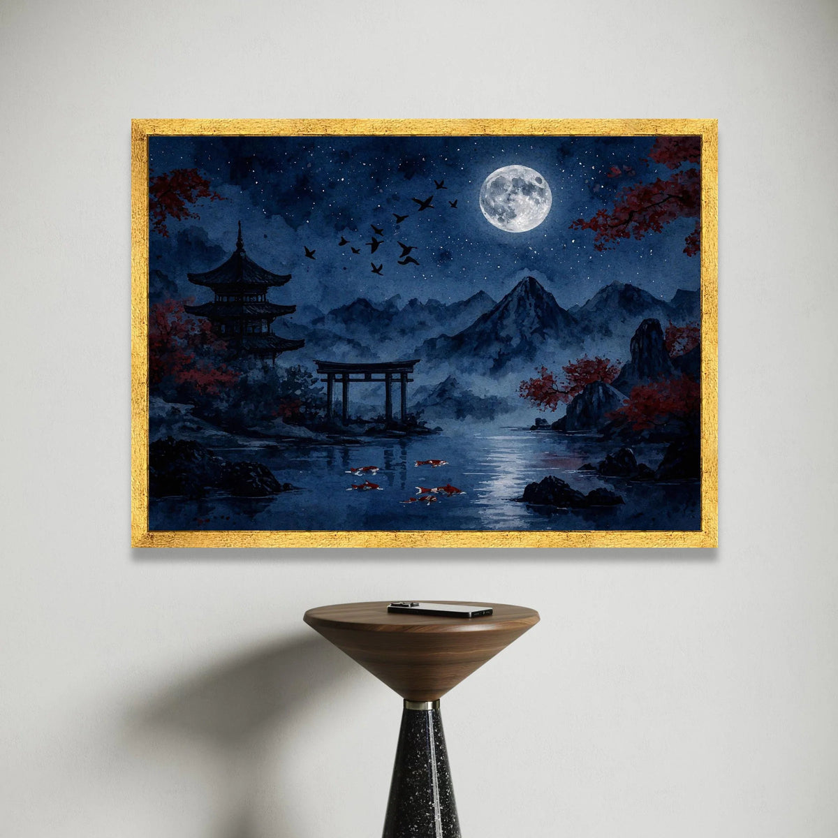 Tranquil Japanese Night Scene Canvas, Full Moon Over Mountains, Koi Fish Pond Art, Asian Pagoda Landscape, Serene Wall Canvas Print Art