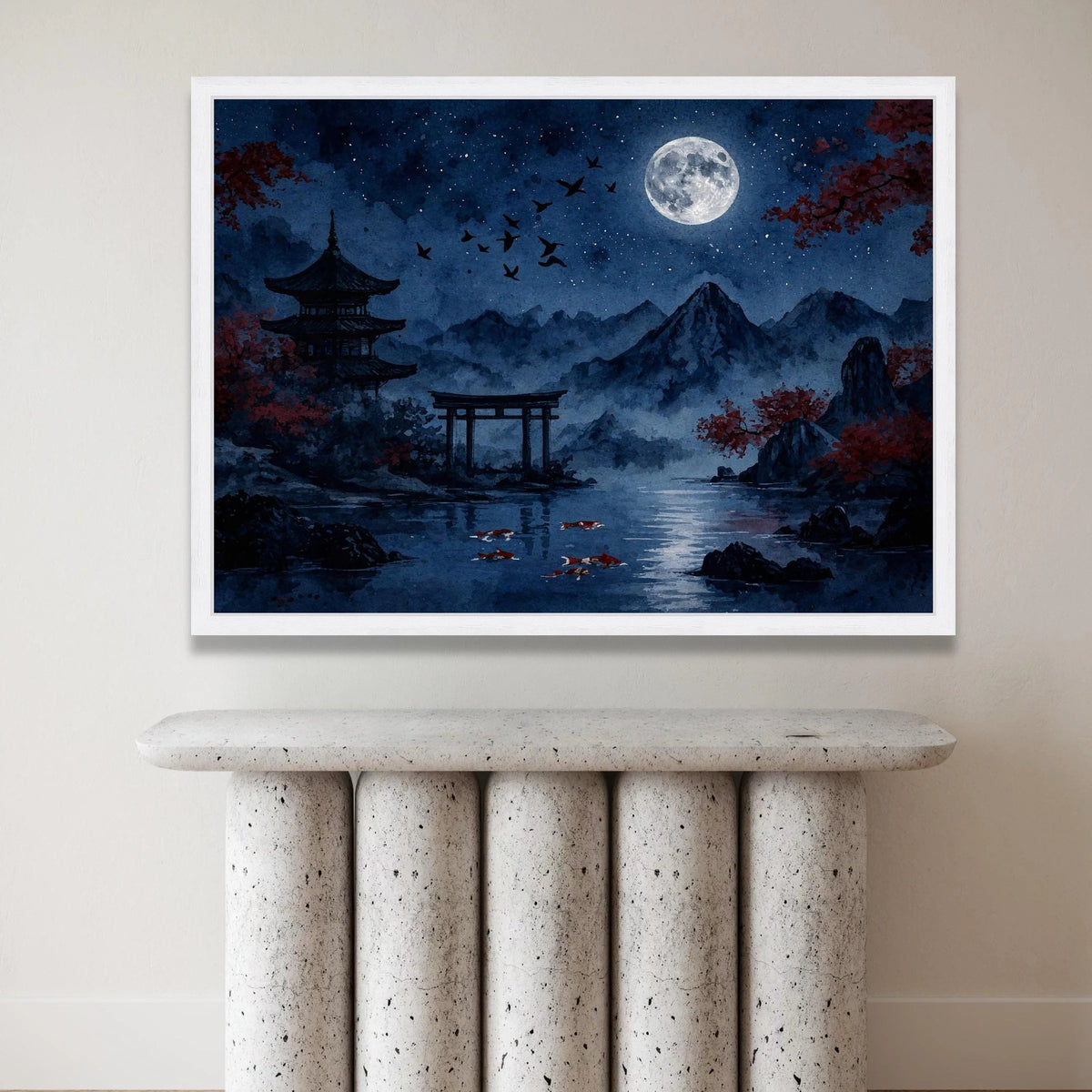 Tranquil Japanese Night Scene Canvas, Full Moon Over Mountains, Koi Fish Pond Art, Asian Pagoda Landscape, Serene Wall Canvas Print Art