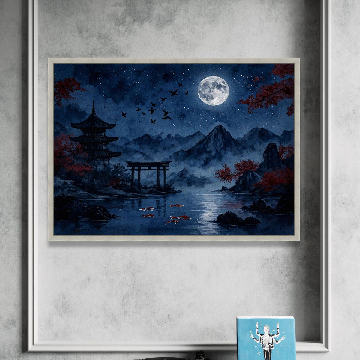 Tranquil Japanese Night Scene Canvas, Full Moon Over Mountains, Koi Fish Pond Art, Asian Pagoda Landscape, Serene Wall Canvas Print Art