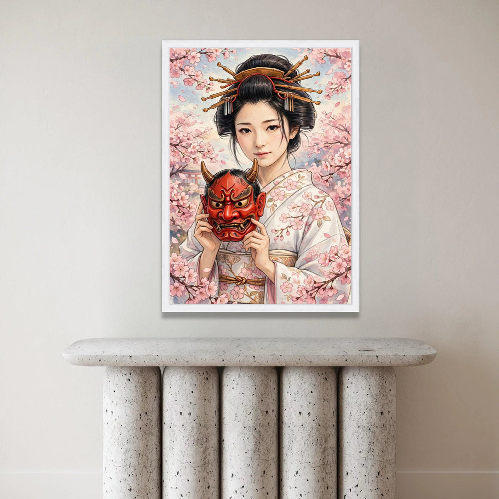 Traditional Japanese Geisha Portrait Canvas, Cherry Blossom Wall Art, Cultural Asian Decor, Floral Kimono Canvas, Elegant Canvas Print Art