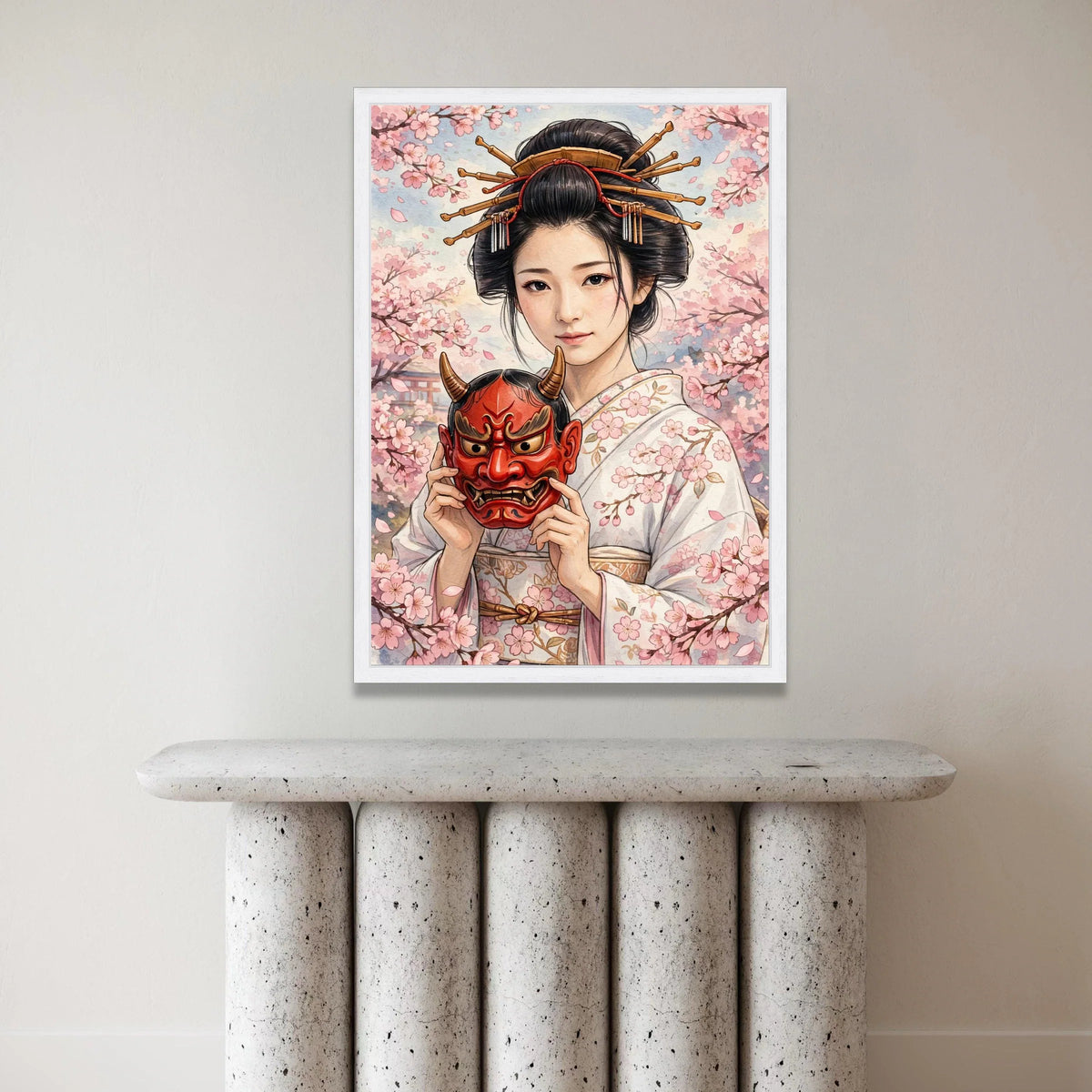 Traditional Japanese Geisha Portrait Canvas, Cherry Blossom Wall Art, Cultural Asian Decor, Floral Kimono Canvas, Elegant Canvas Print Art