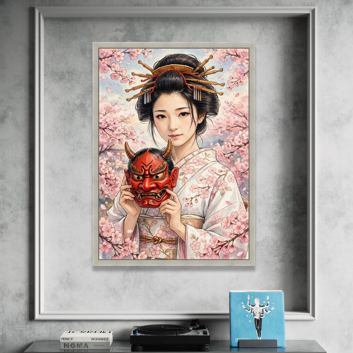 Traditional Japanese Geisha Portrait Canvas, Cherry Blossom Wall Art, Cultural Asian Decor, Floral Kimono Canvas, Elegant Canvas Print Art
