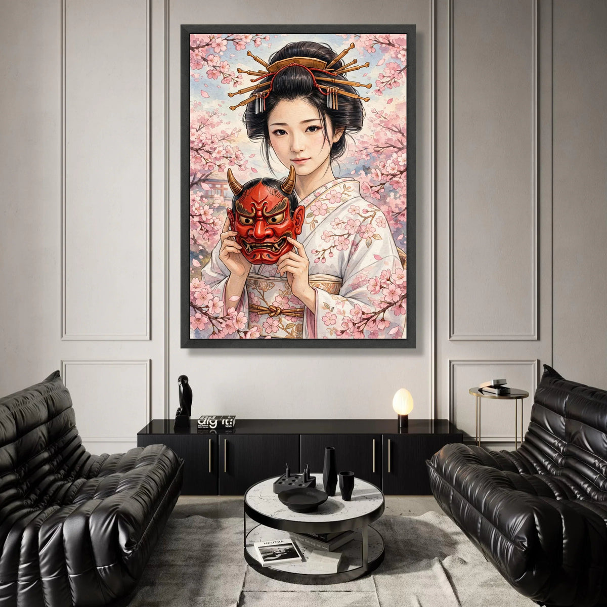 Traditional Japanese Geisha Portrait Canvas, Cherry Blossom Wall Art, Cultural Asian Decor, Floral Kimono Canvas, Elegant Canvas Print Art