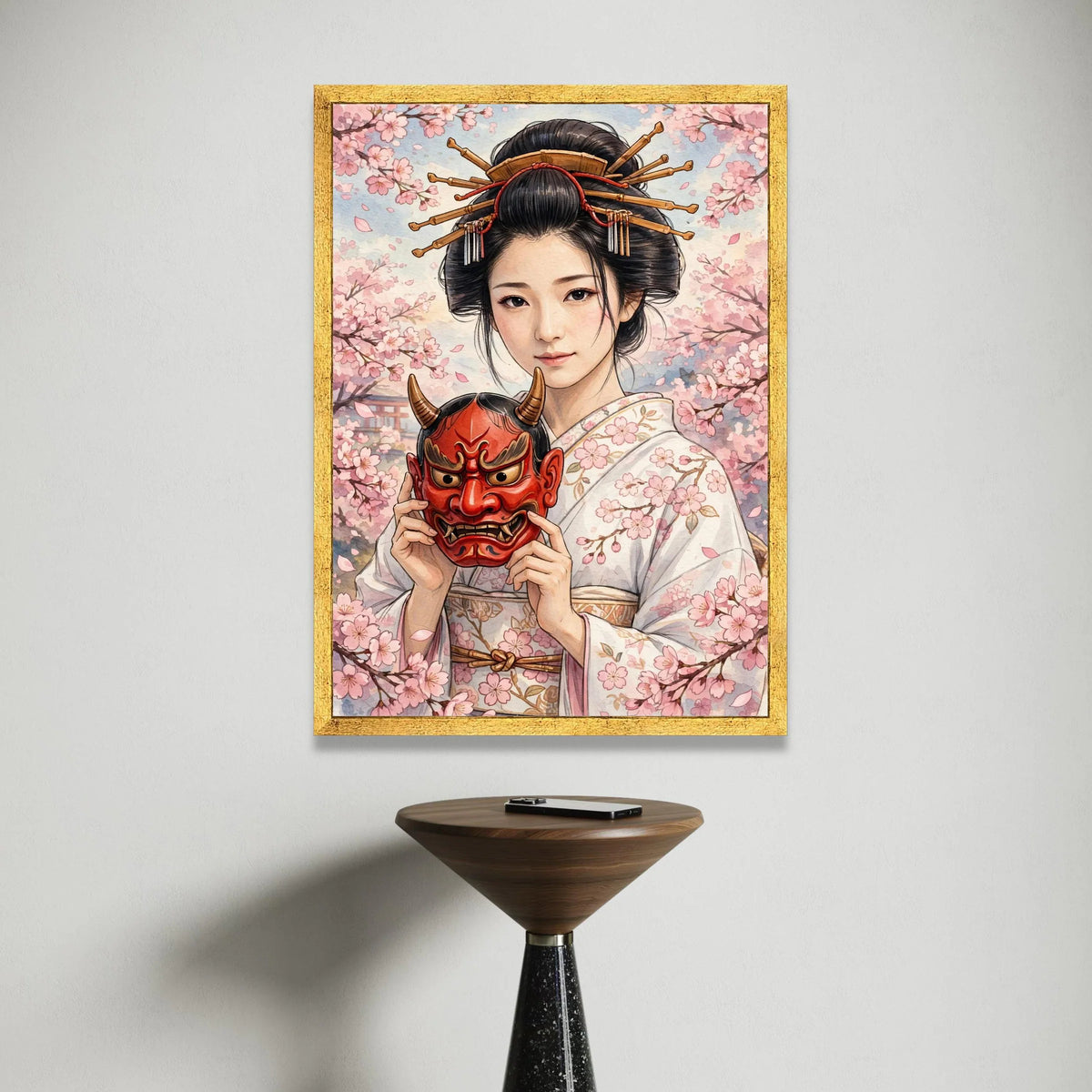 Traditional Japanese Geisha Portrait Canvas, Cherry Blossom Wall Art, Cultural Asian Decor, Floral Kimono Canvas, Elegant Canvas Print Art