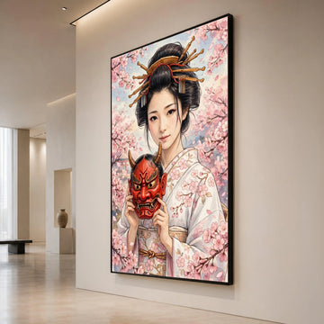 Traditional Japanese Geisha Portrait Canvas, Cherry Blossom Wall Art, Cultural Asian Decor, Floral Kimono Canvas, Elegant Canvas Print Art