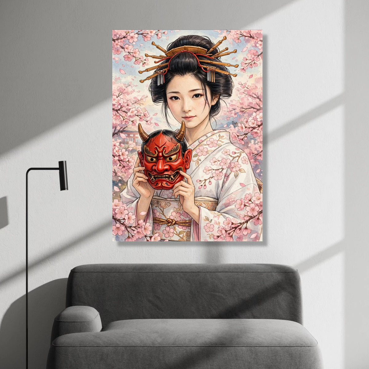 Traditional Japanese Geisha Portrait Canvas, Cherry Blossom Wall Art, Cultural Asian Decor, Floral Kimono Canvas, Elegant Canvas Print Art