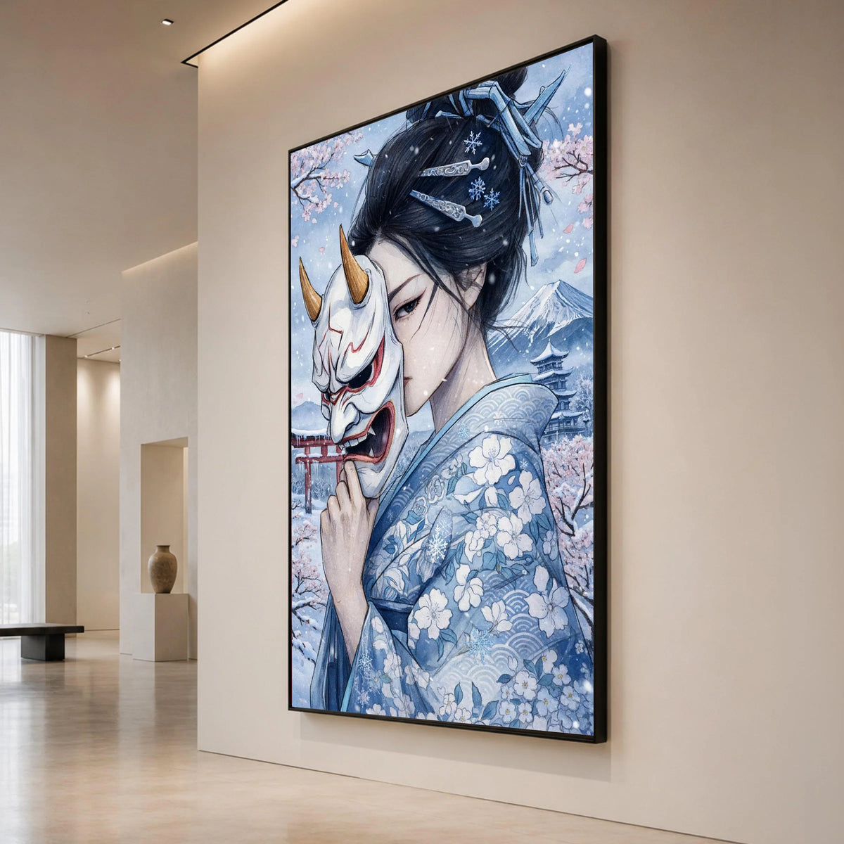 Winter Geisha with Hannya Mask, Japanese Kimono Canvas, Cherry Blossoms and Mount Fuji Art, Asian Cultural Wall Decor, Snow Canvas Print Art