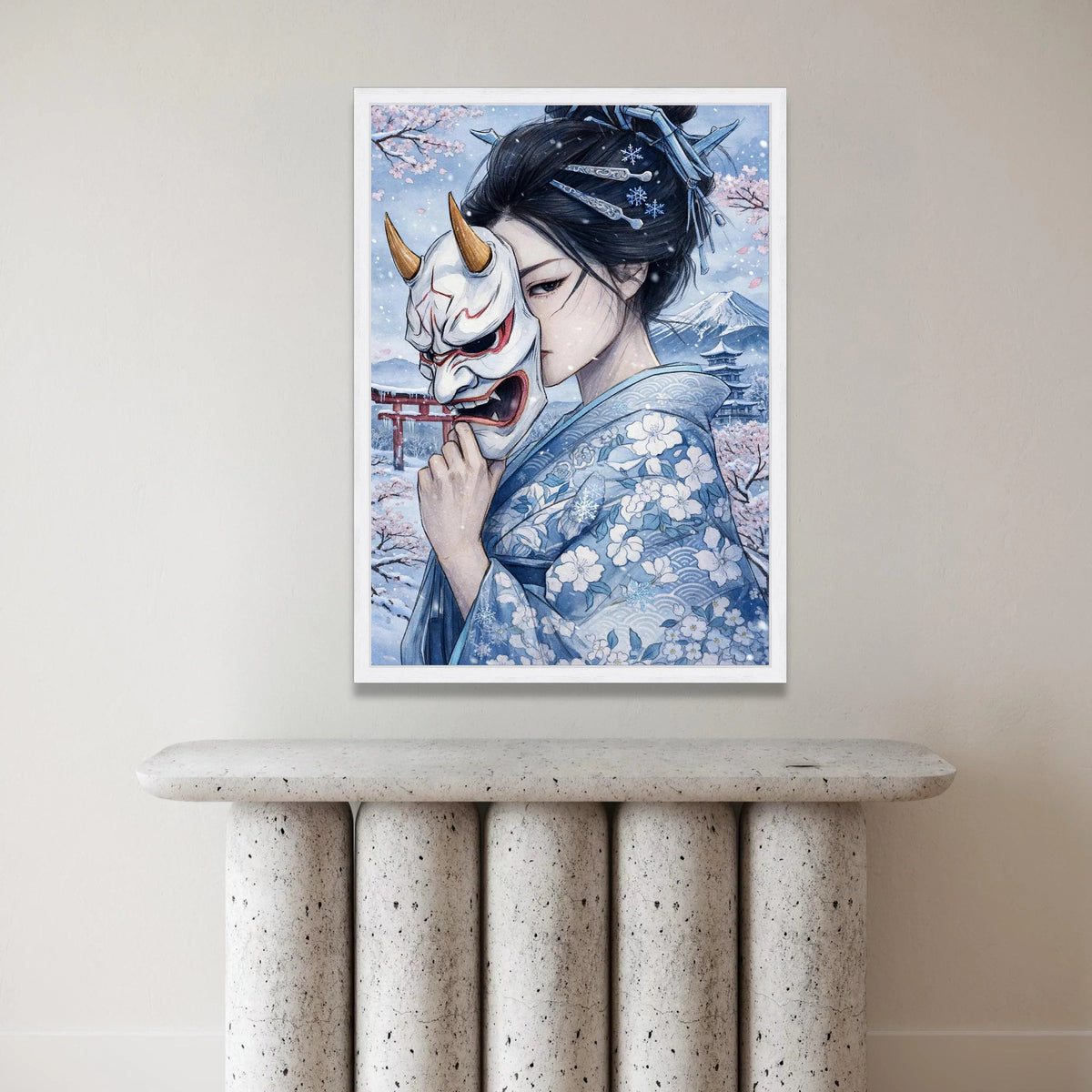 Winter Geisha with Hannya Mask, Japanese Kimono Canvas, Cherry Blossoms and Mount Fuji Art, Asian Cultural Wall Decor, Snow Canvas Print Art