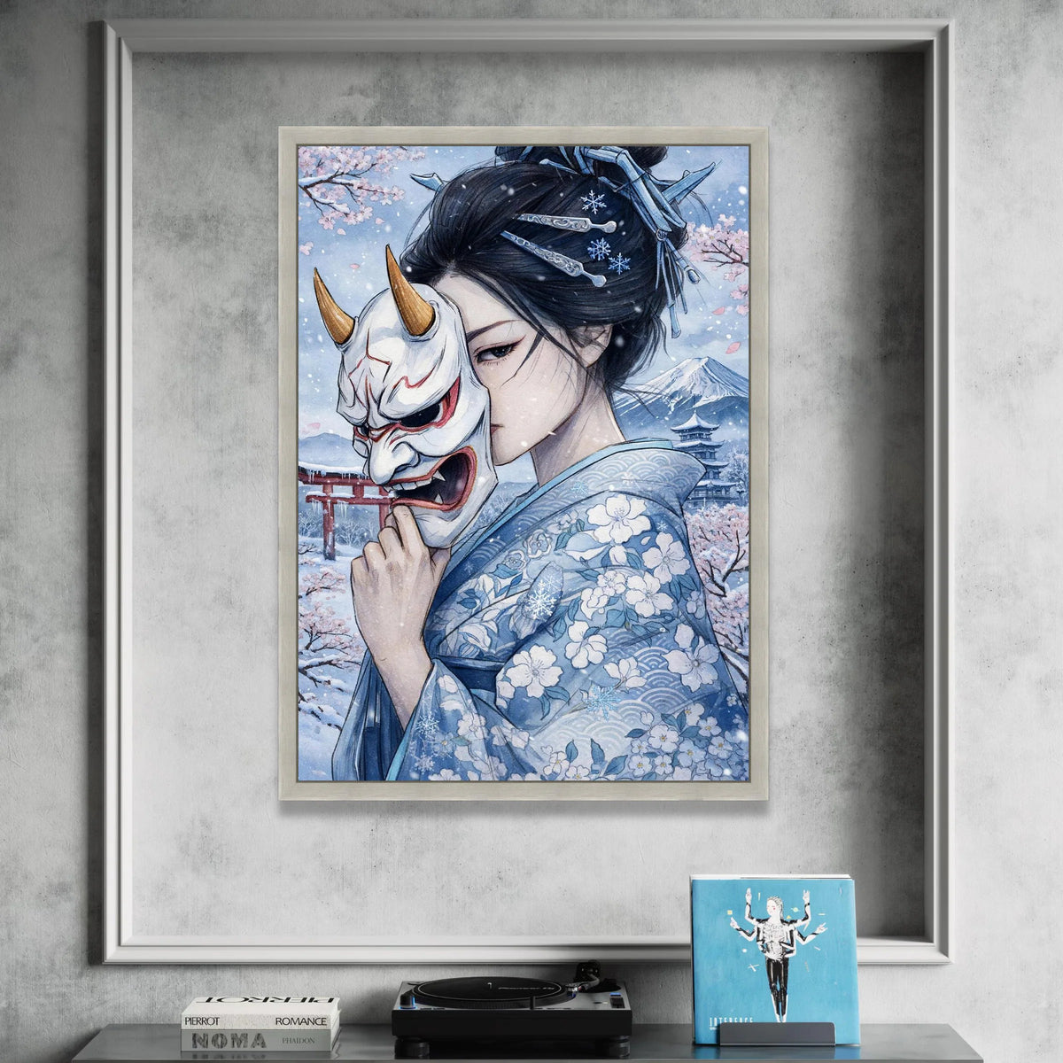 Winter Geisha with Hannya Mask, Japanese Kimono Canvas, Cherry Blossoms and Mount Fuji Art, Asian Cultural Wall Decor, Snow Canvas Print Art
