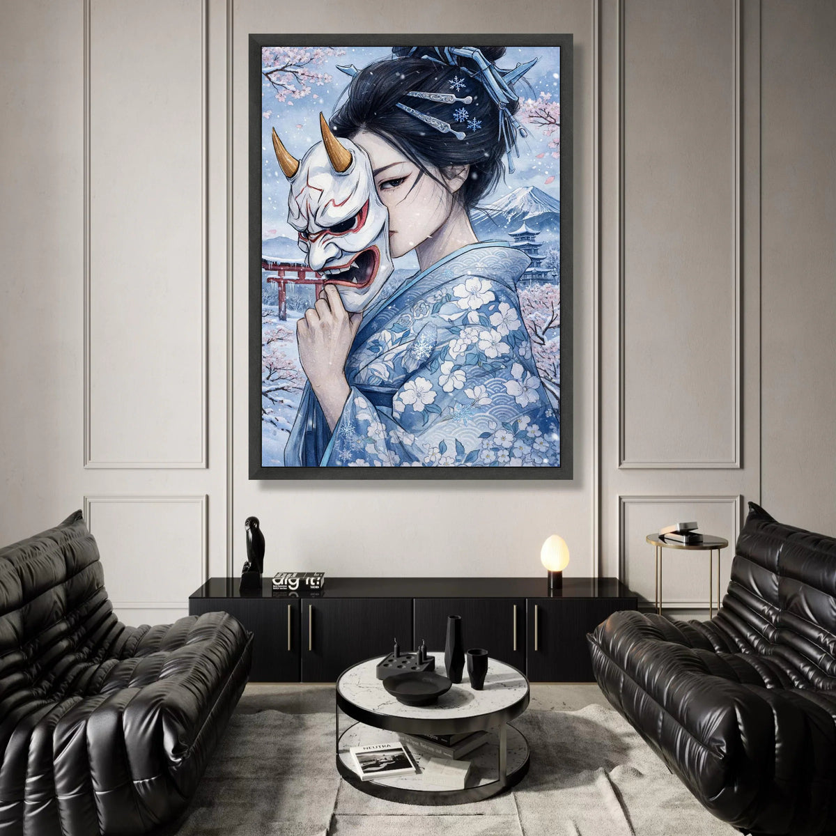 Winter Geisha with Hannya Mask, Japanese Kimono Canvas, Cherry Blossoms and Mount Fuji Art, Asian Cultural Wall Decor, Snow Canvas Print Art