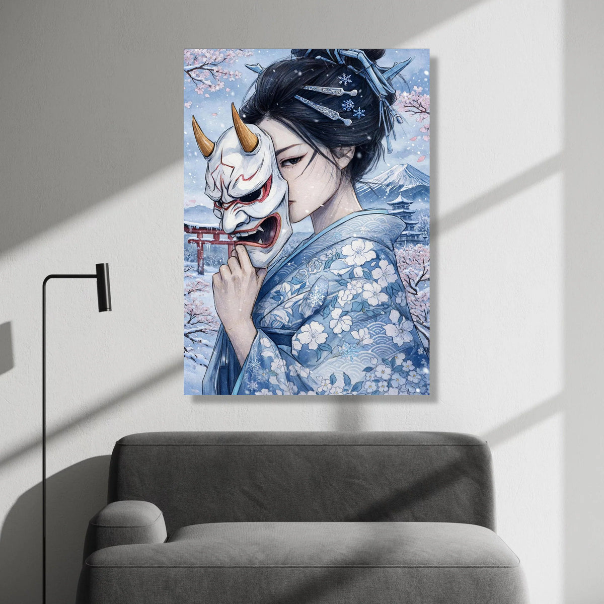 Winter Geisha with Hannya Mask, Japanese Kimono Canvas, Cherry Blossoms and Mount Fuji Art, Asian Cultural Wall Decor, Snow Canvas Print Art