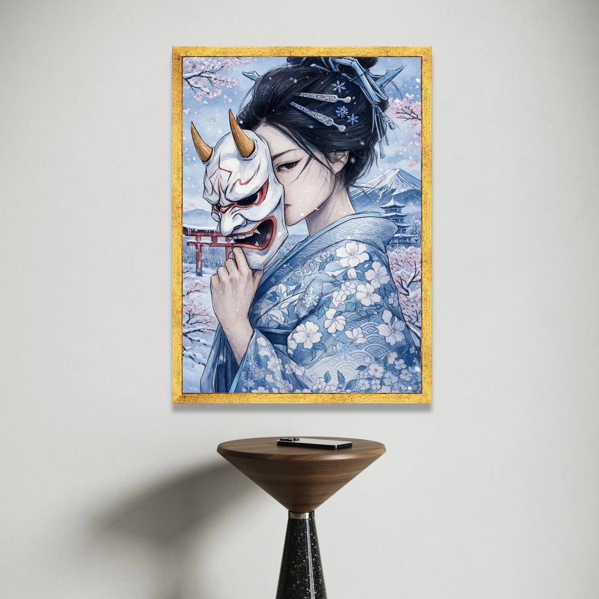 Winter Geisha with Hannya Mask, Japanese Kimono Canvas, Cherry Blossoms and Mount Fuji Art, Asian Cultural Wall Decor, Snow Canvas Print Art