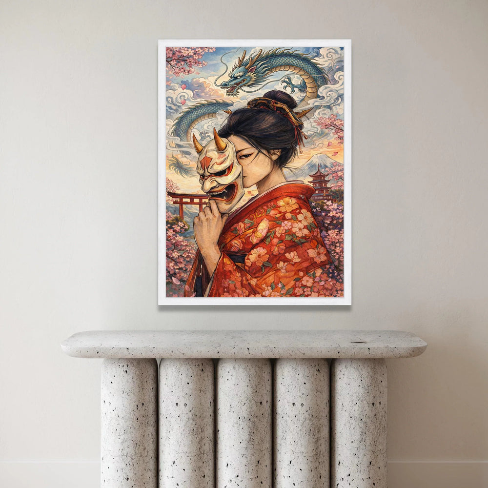 Japanese Geisha with Oni Mask Canvas, Sakura Blossom Wall Art, Asian Dragon Illustration, Traditional Kimono Decor, Asian Canvas Print Art