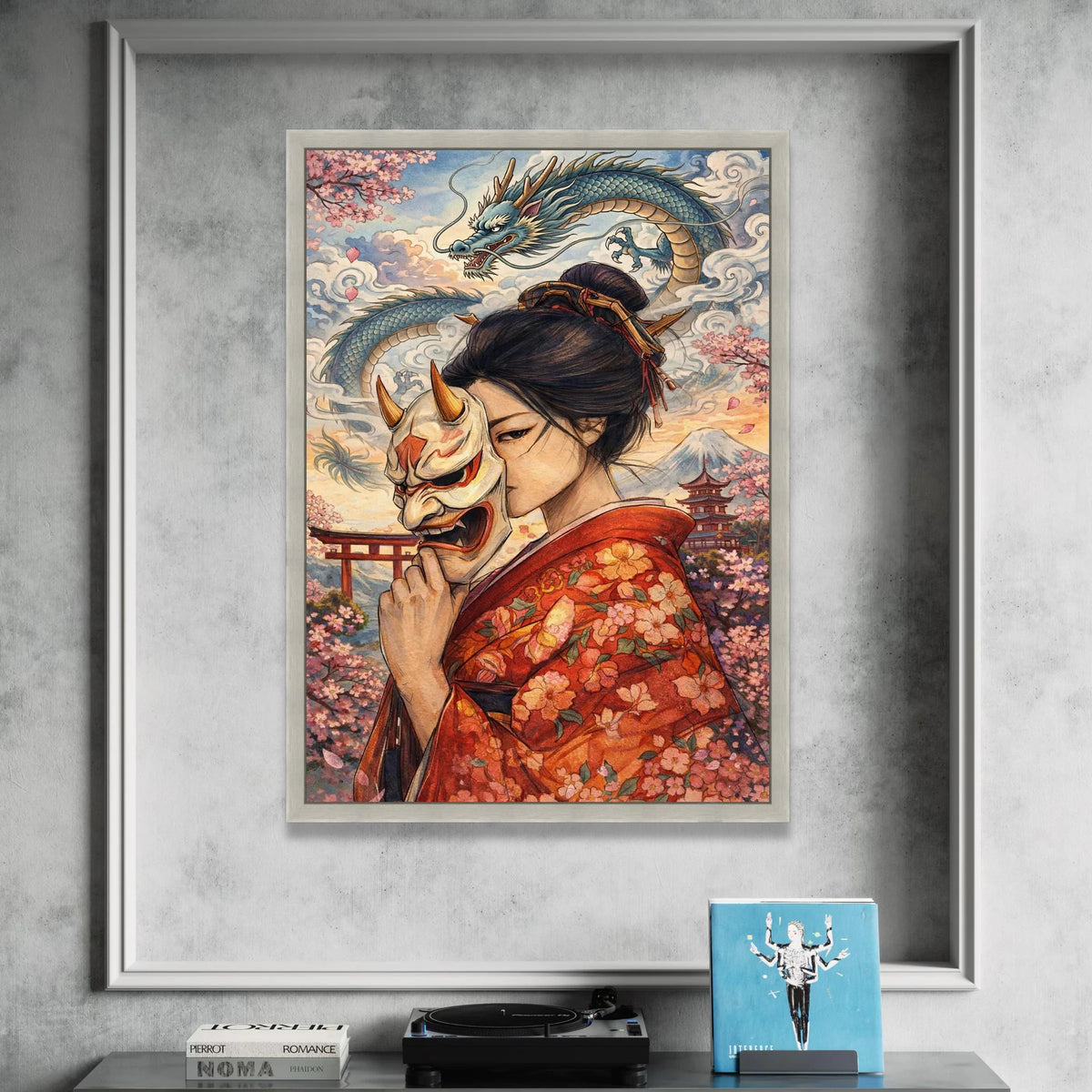 Japanese Geisha with Oni Mask Canvas, Sakura Blossom Wall Art, Asian Dragon Illustration, Traditional Kimono Decor, Asian Canvas Print Art