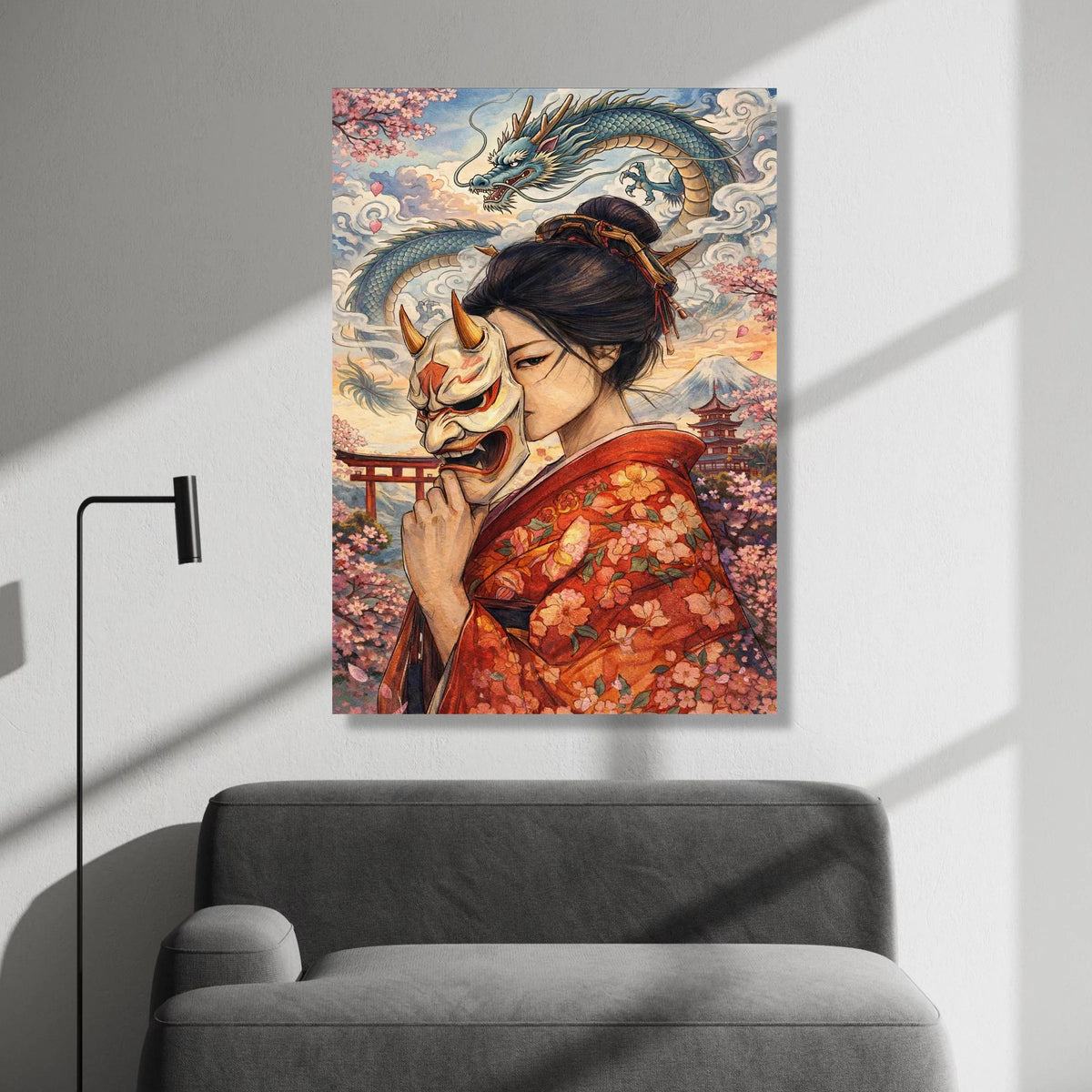 Japanese Geisha with Oni Mask Canvas, Sakura Blossom Wall Art, Asian Dragon Illustration, Traditional Kimono Decor, Asian Canvas Print Art
