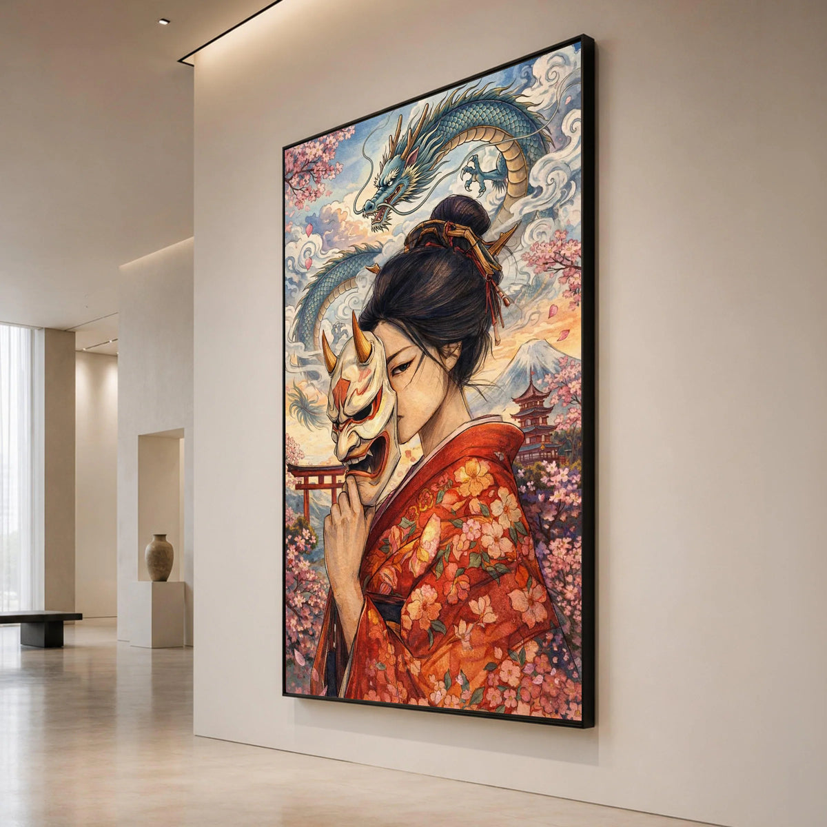 Japanese Geisha with Oni Mask Canvas, Sakura Blossom Wall Art, Asian Dragon Illustration, Traditional Kimono Decor, Asian Canvas Print Art