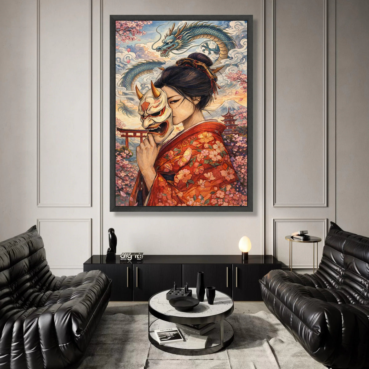 Japanese Geisha with Oni Mask Canvas, Sakura Blossom Wall Art, Asian Dragon Illustration, Traditional Kimono Decor, Asian Canvas Print Art