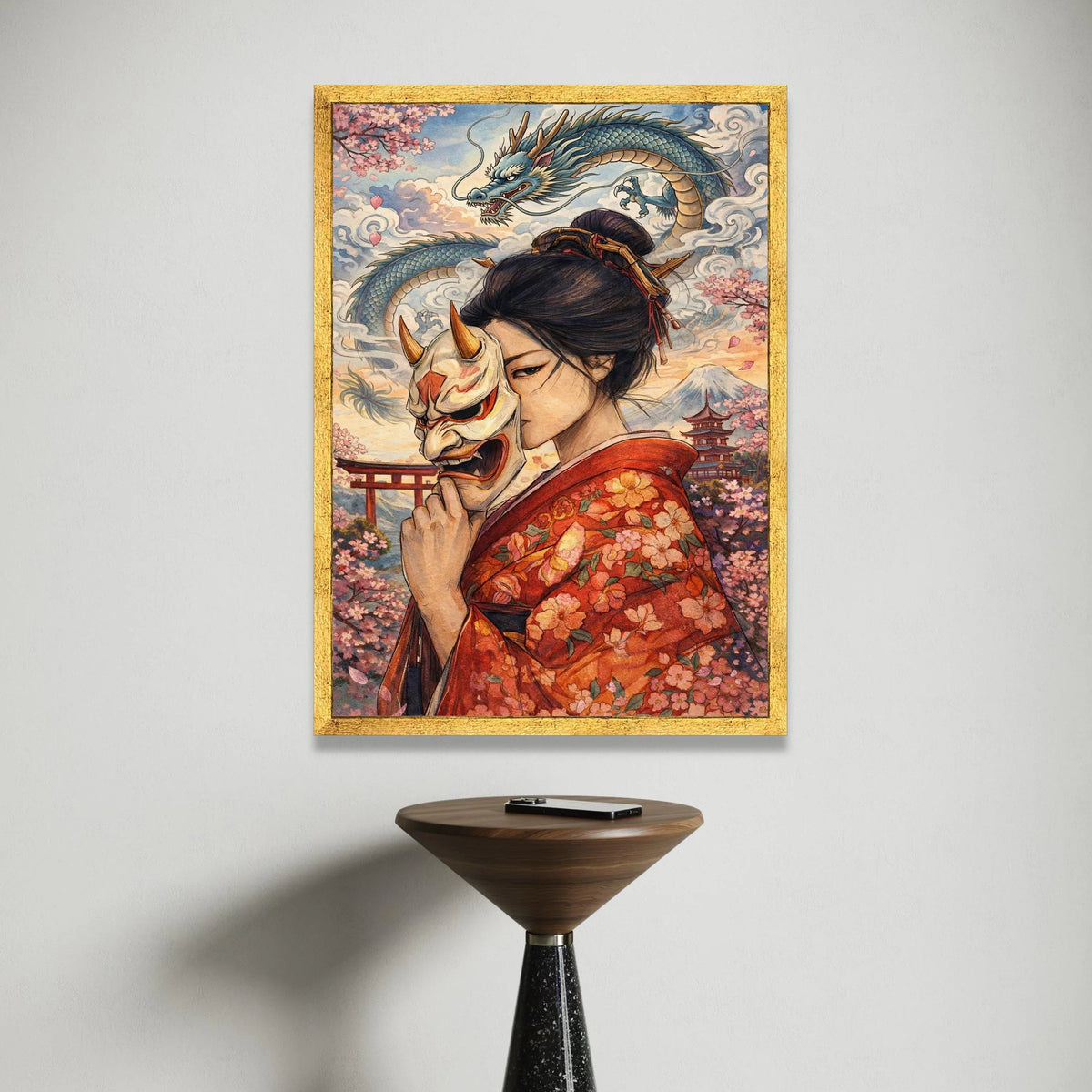 Japanese Geisha with Oni Mask Canvas, Sakura Blossom Wall Art, Asian Dragon Illustration, Traditional Kimono Decor, Asian Canvas Print Art