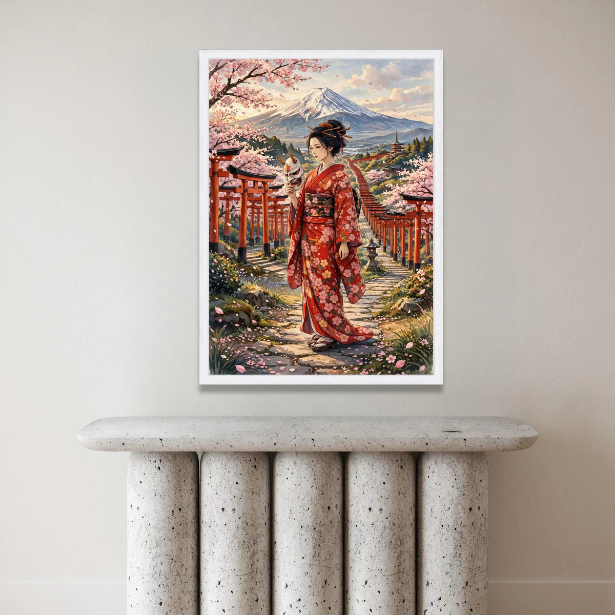 Japanese Geisha Kimono Canvas, Cherry Blossom Pathway Wall Art, Mount Fuji Landscape, Asian Culture Decoration, Traditional Canvas Print Art