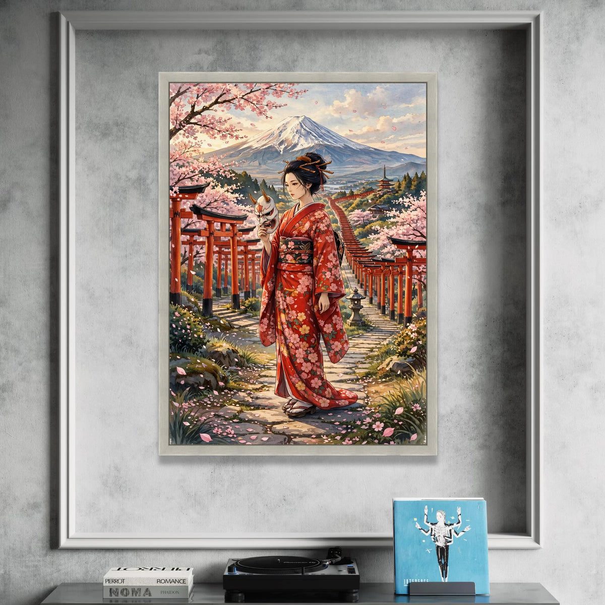 Japanese Geisha Kimono Canvas, Cherry Blossom Pathway Wall Art, Mount Fuji Landscape, Asian Culture Decoration, Traditional Canvas Print Art