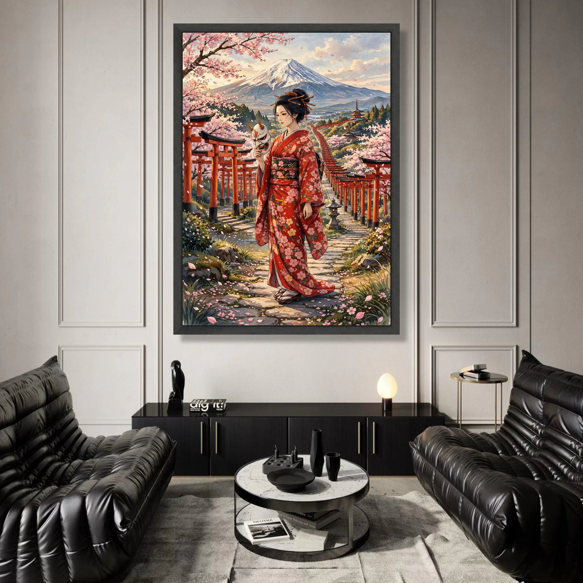 Japanese Geisha Kimono Canvas, Cherry Blossom Pathway Wall Art, Mount Fuji Landscape, Asian Culture Decoration, Traditional Canvas Print Art