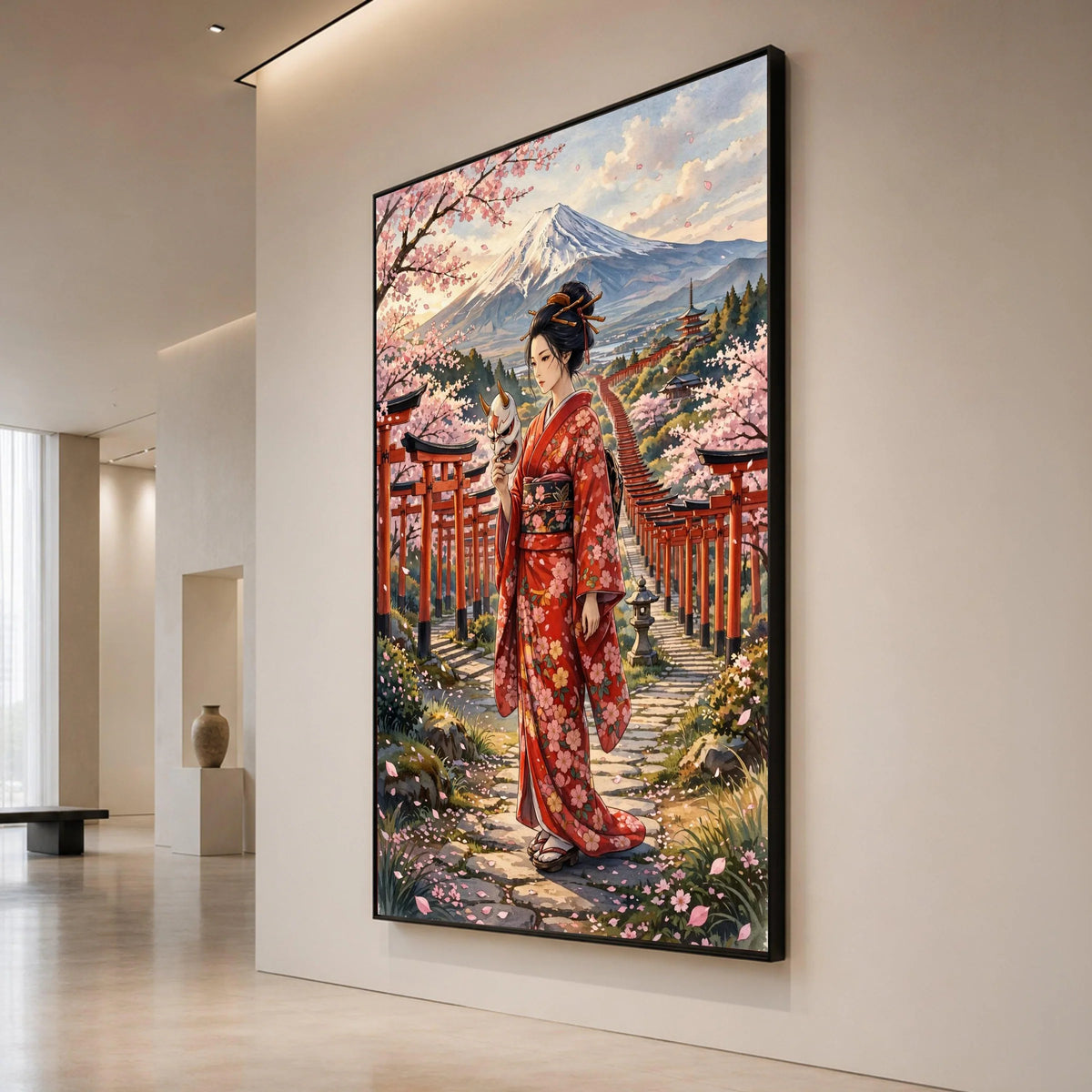 Japanese Geisha Kimono Canvas, Cherry Blossom Pathway Wall Art, Mount Fuji Landscape, Asian Culture Decoration, Traditional Canvas Print Art