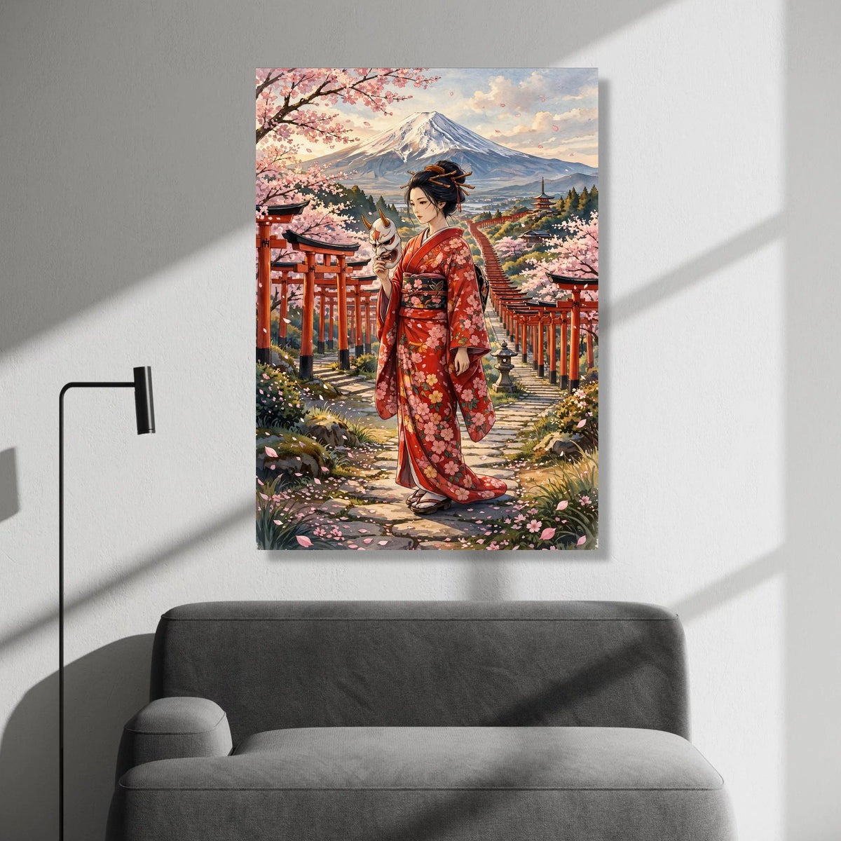 Japanese Geisha Kimono Canvas, Cherry Blossom Pathway Wall Art, Mount Fuji Landscape, Asian Culture Decoration, Traditional Canvas Print Art