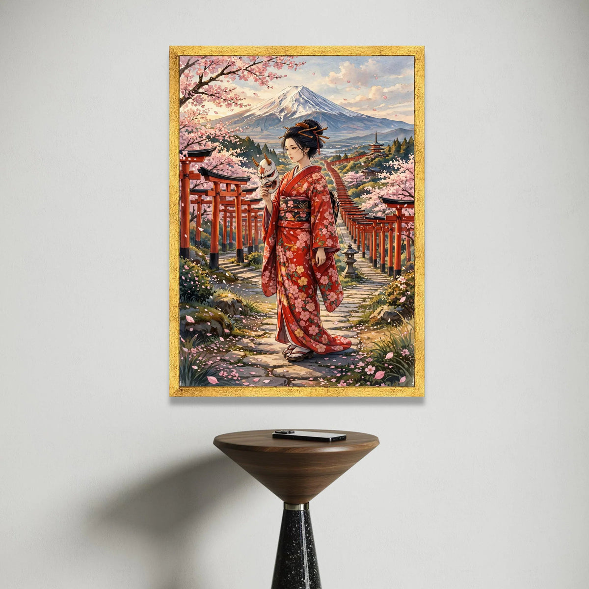 Japanese Geisha Kimono Canvas, Cherry Blossom Pathway Wall Art, Mount Fuji Landscape, Asian Culture Decoration, Traditional Canvas Print Art