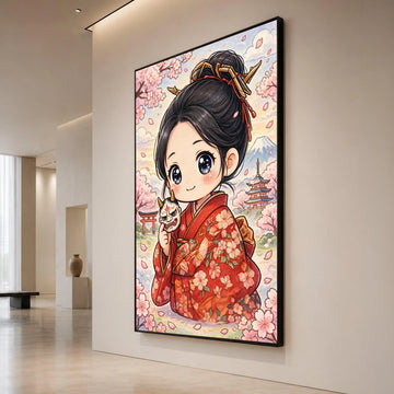 Japanese Kimono Girl Canvas, Cherry Blossom Art, Anime Style Wall Decor, Sakura Scenery Canvas, Traditional Asian Canvas Print Art