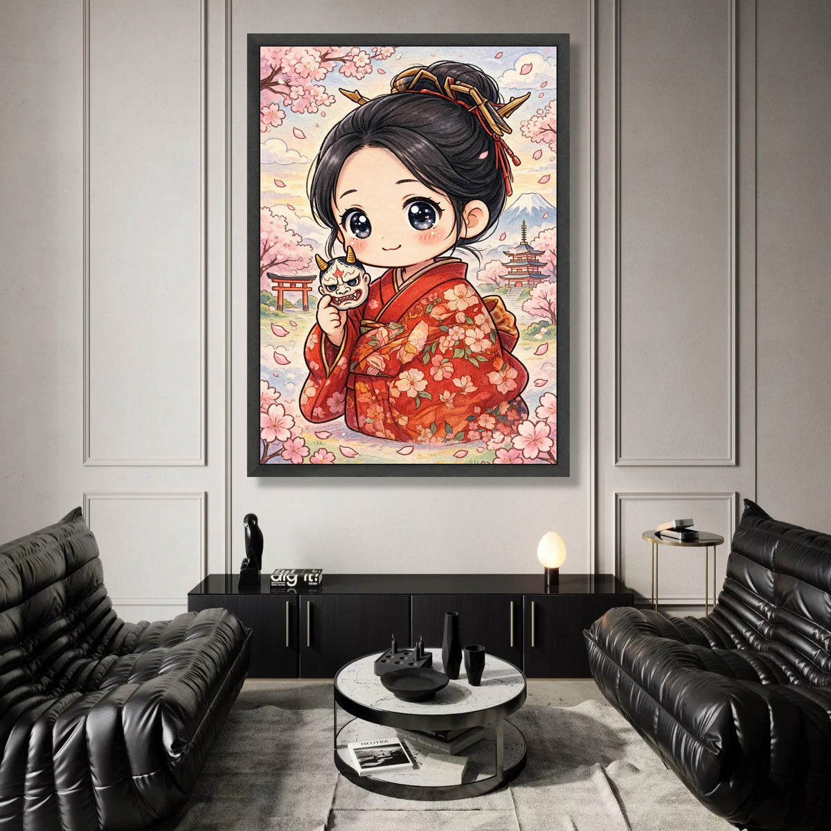 Japanese Kimono Girl Canvas, Cherry Blossom Art, Anime Style Wall Decor, Sakura Scenery Canvas, Traditional Asian Canvas Print Art