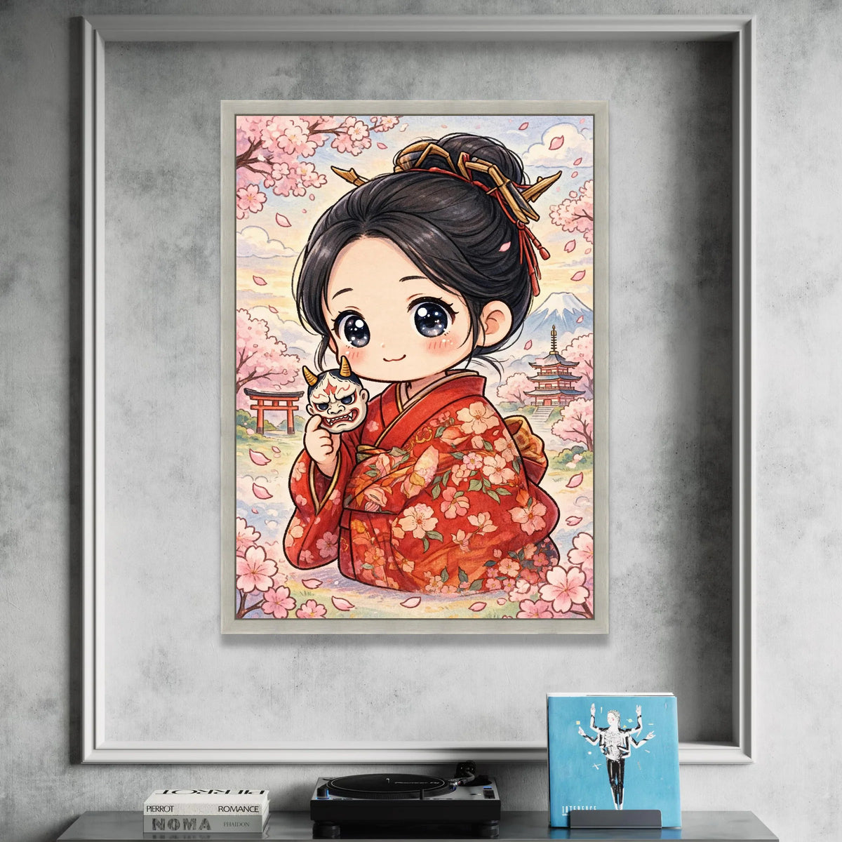 Japanese Kimono Girl Canvas, Cherry Blossom Art, Anime Style Wall Decor, Sakura Scenery Canvas, Traditional Asian Canvas Print Art