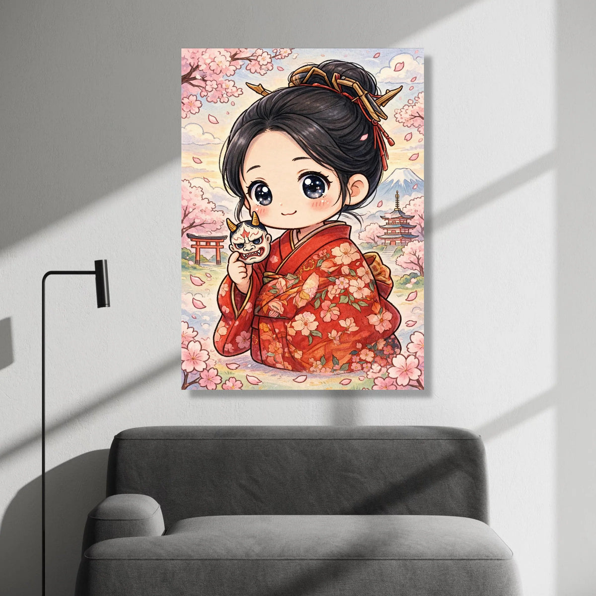 Japanese Kimono Girl Canvas, Cherry Blossom Art, Anime Style Wall Decor, Sakura Scenery Canvas, Traditional Asian Canvas Print Art