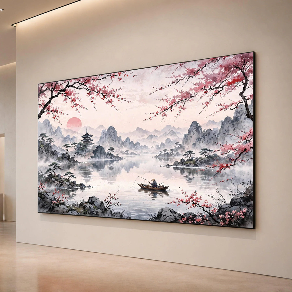 Tranquil Mountain Lake Canvas, Japanese Cherry Blossom Art, Asian Landscape Wall Decor, Fisherman on Boat, Serene Nature Canvas Print Art
