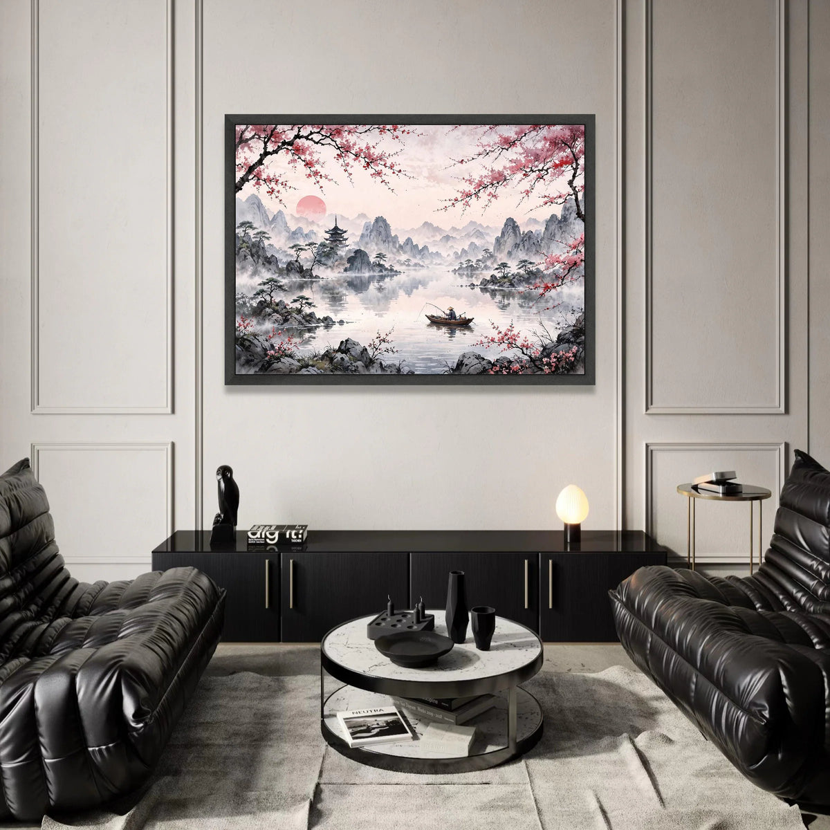 Tranquil Mountain Lake Canvas, Japanese Cherry Blossom Art, Asian Landscape Wall Decor, Fisherman on Boat, Serene Nature Canvas Print Art