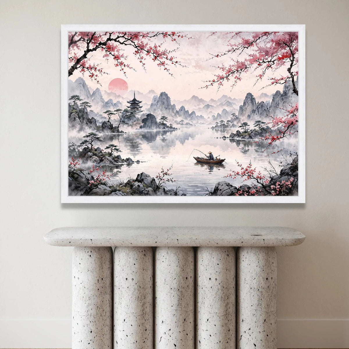 Tranquil Mountain Lake Canvas, Japanese Cherry Blossom Art, Asian Landscape Wall Decor, Fisherman on Boat, Serene Nature Canvas Print Art
