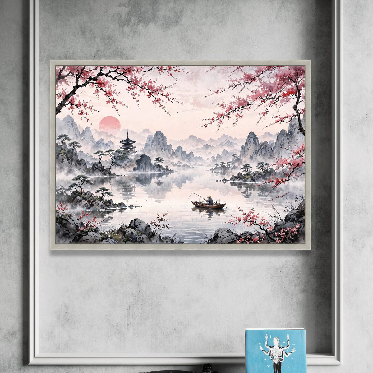 Tranquil Mountain Lake Canvas, Japanese Cherry Blossom Art, Asian Landscape Wall Decor, Fisherman on Boat, Serene Nature Canvas Print Art