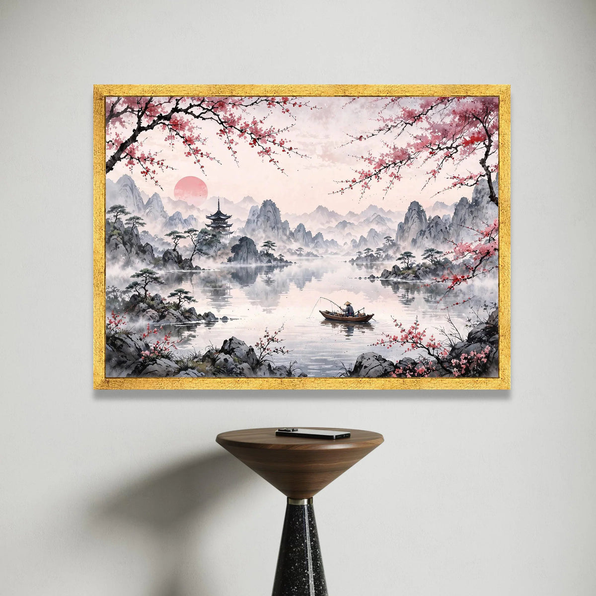 Tranquil Mountain Lake Canvas, Japanese Cherry Blossom Art, Asian Landscape Wall Decor, Fisherman on Boat, Serene Nature Canvas Print Art