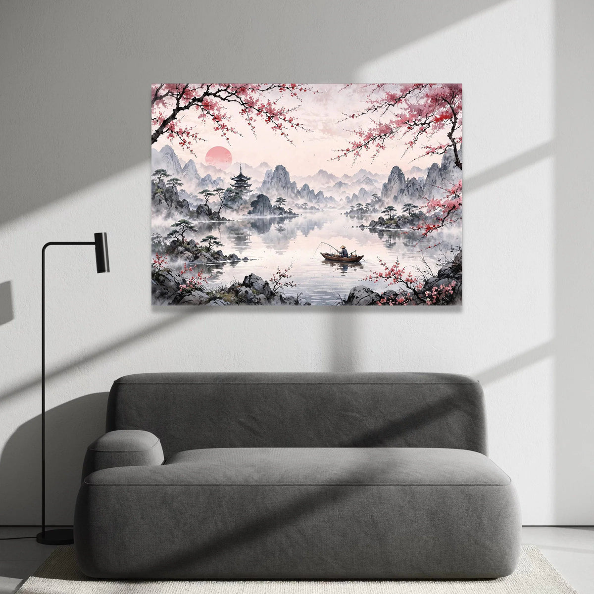 Tranquil Mountain Lake Canvas, Japanese Cherry Blossom Art, Asian Landscape Wall Decor, Fisherman on Boat, Serene Nature Canvas Print Art