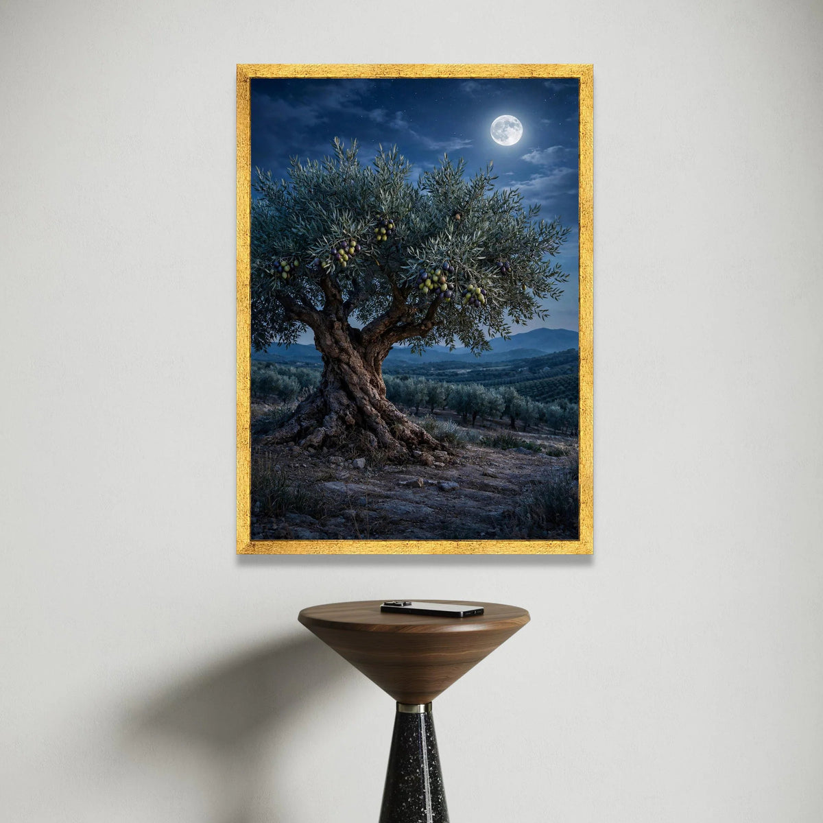 Moonlit Olive Tree Canvas, Rustic Landscape Wall Art, Night Sky Nature Scene, Mediterranean Country Decor, Harvest Season Canvas Print Art
