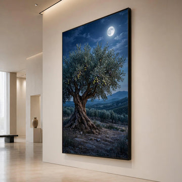 Moonlit Olive Tree Canvas, Rustic Landscape Wall Art, Night Sky Nature Scene, Mediterranean Country Decor, Harvest Season Canvas Print Art