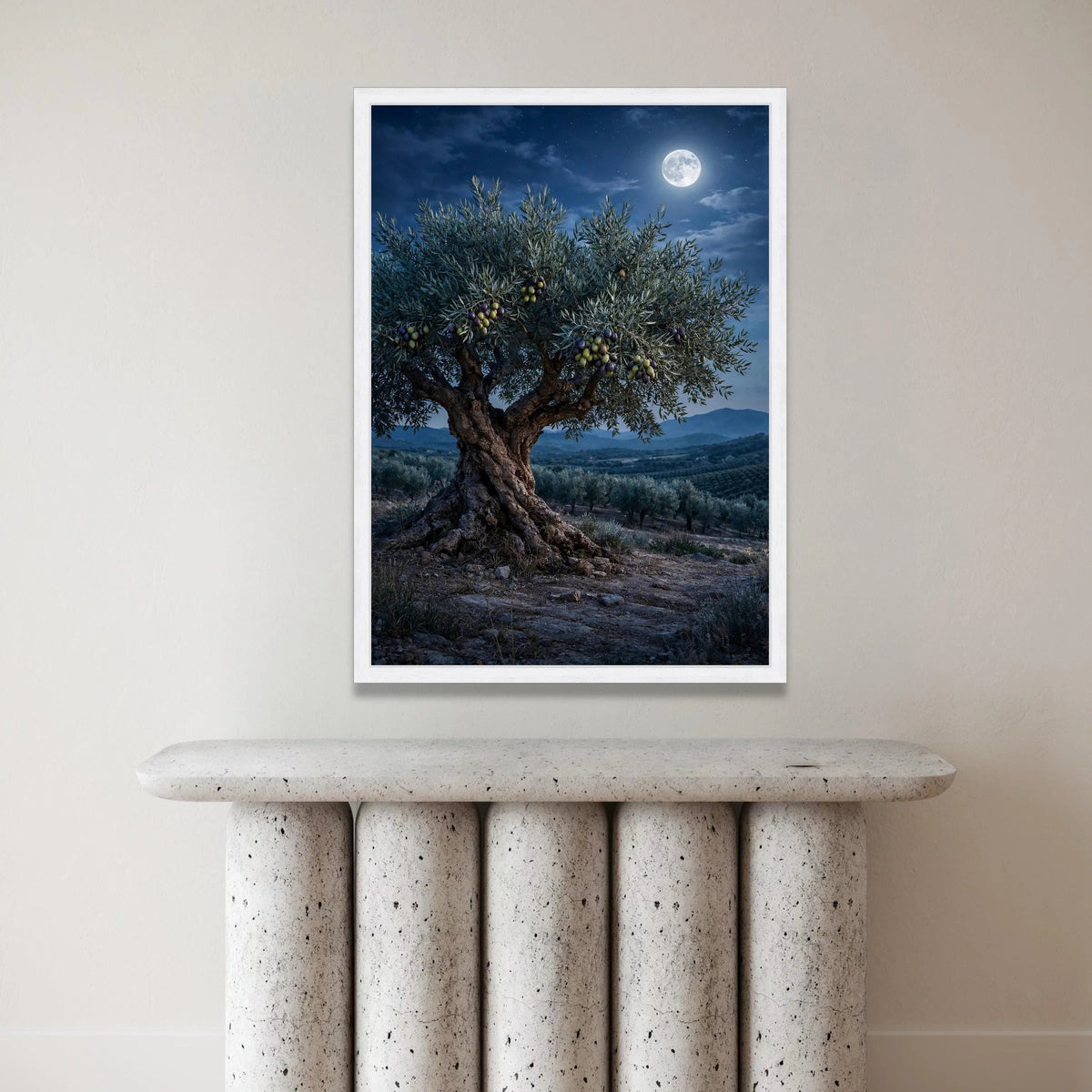 Moonlit Olive Tree Canvas, Rustic Landscape Wall Art, Night Sky Nature Scene, Mediterranean Country Decor, Harvest Season Canvas Print Art
