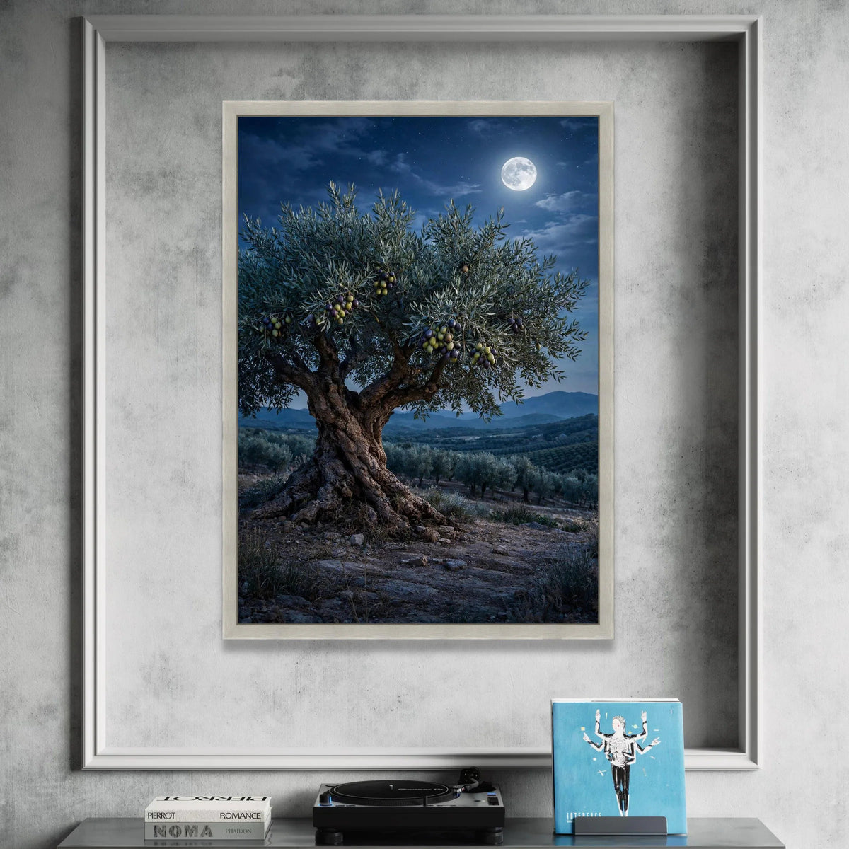 Moonlit Olive Tree Canvas, Rustic Landscape Wall Art, Night Sky Nature Scene, Mediterranean Country Decor, Harvest Season Canvas Print Art