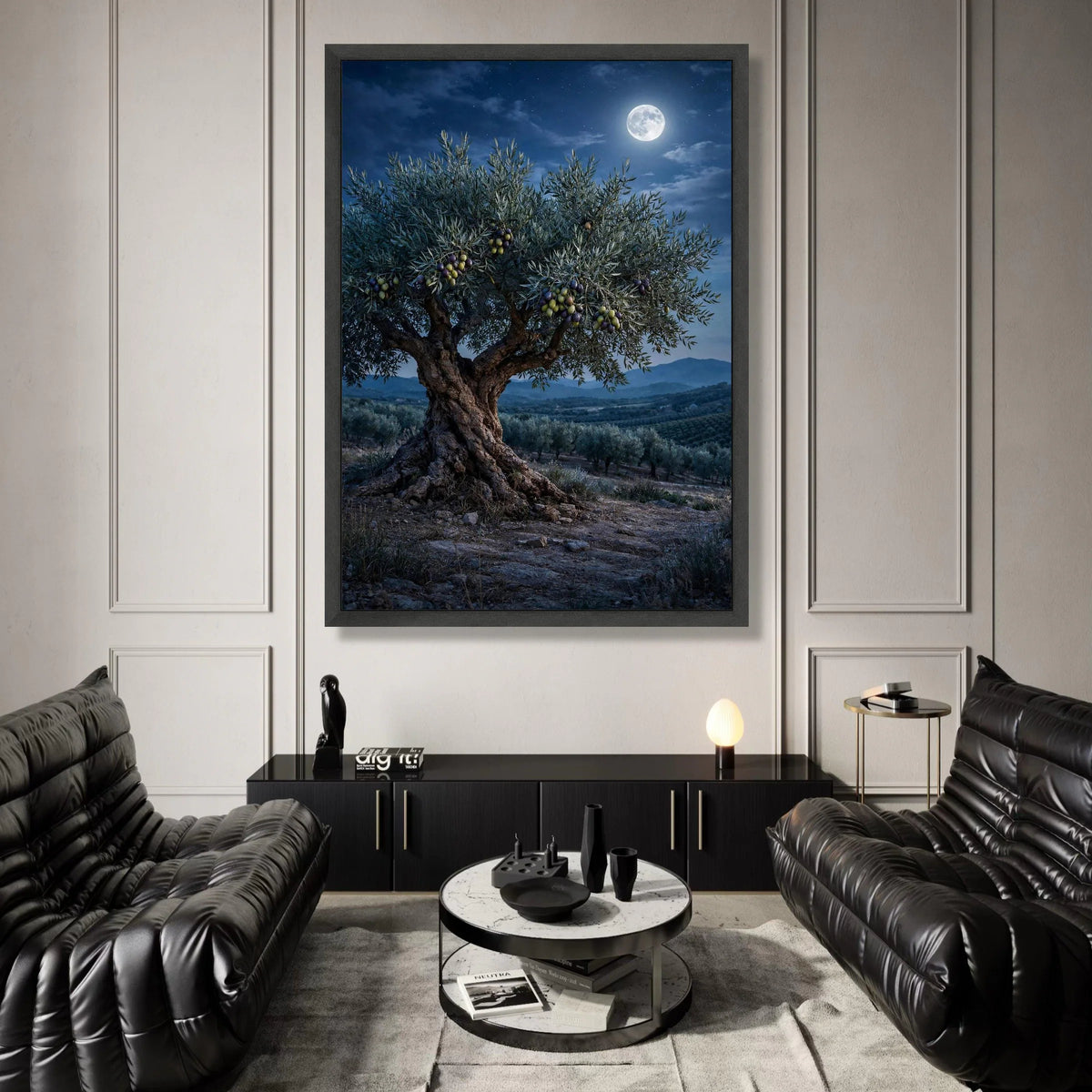 Moonlit Olive Tree Canvas, Rustic Landscape Wall Art, Night Sky Nature Scene, Mediterranean Country Decor, Harvest Season Canvas Print Art